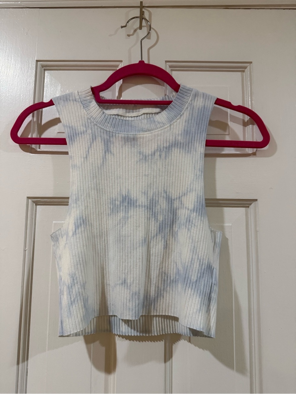 Aerie - M- Ribbed Tie-Dye Crop Tank Top - Light Blue & White